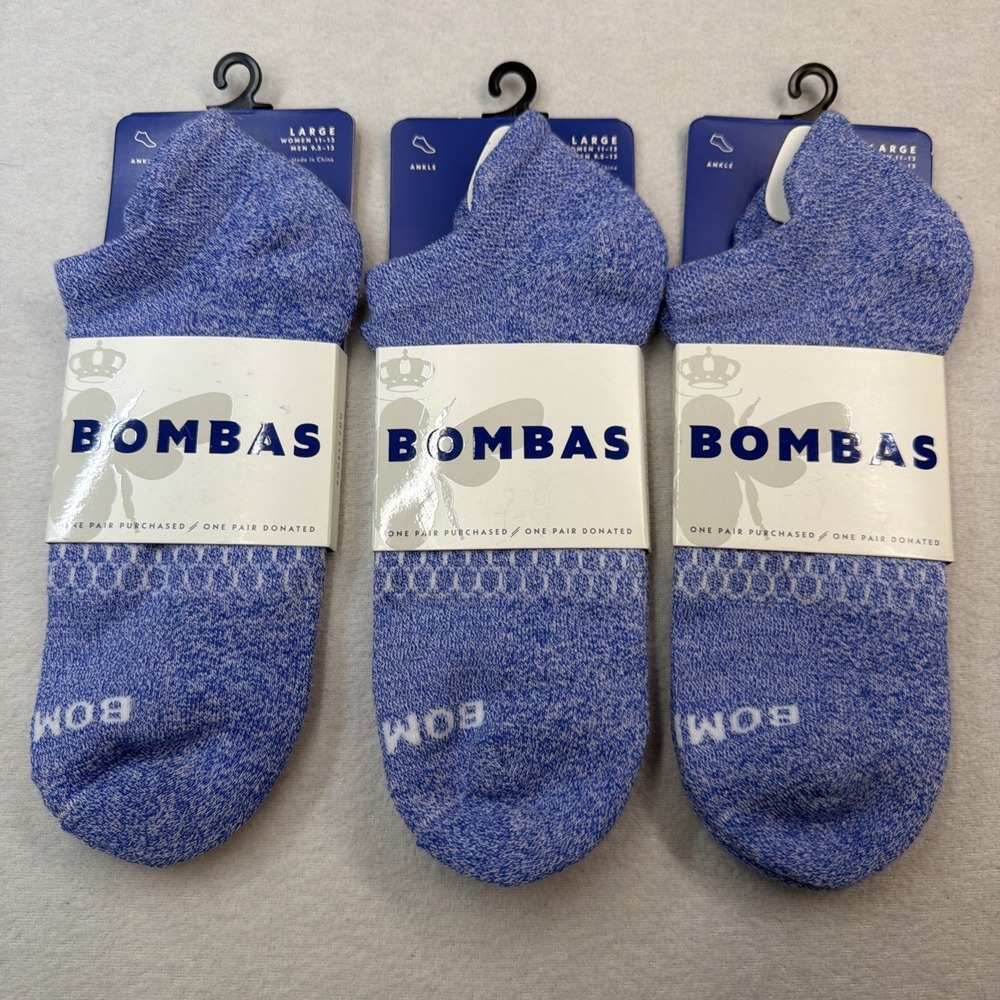3 Pairs Bombas Men's Marl Performance Ankle Socks Size Large 9.5-13 New Purple